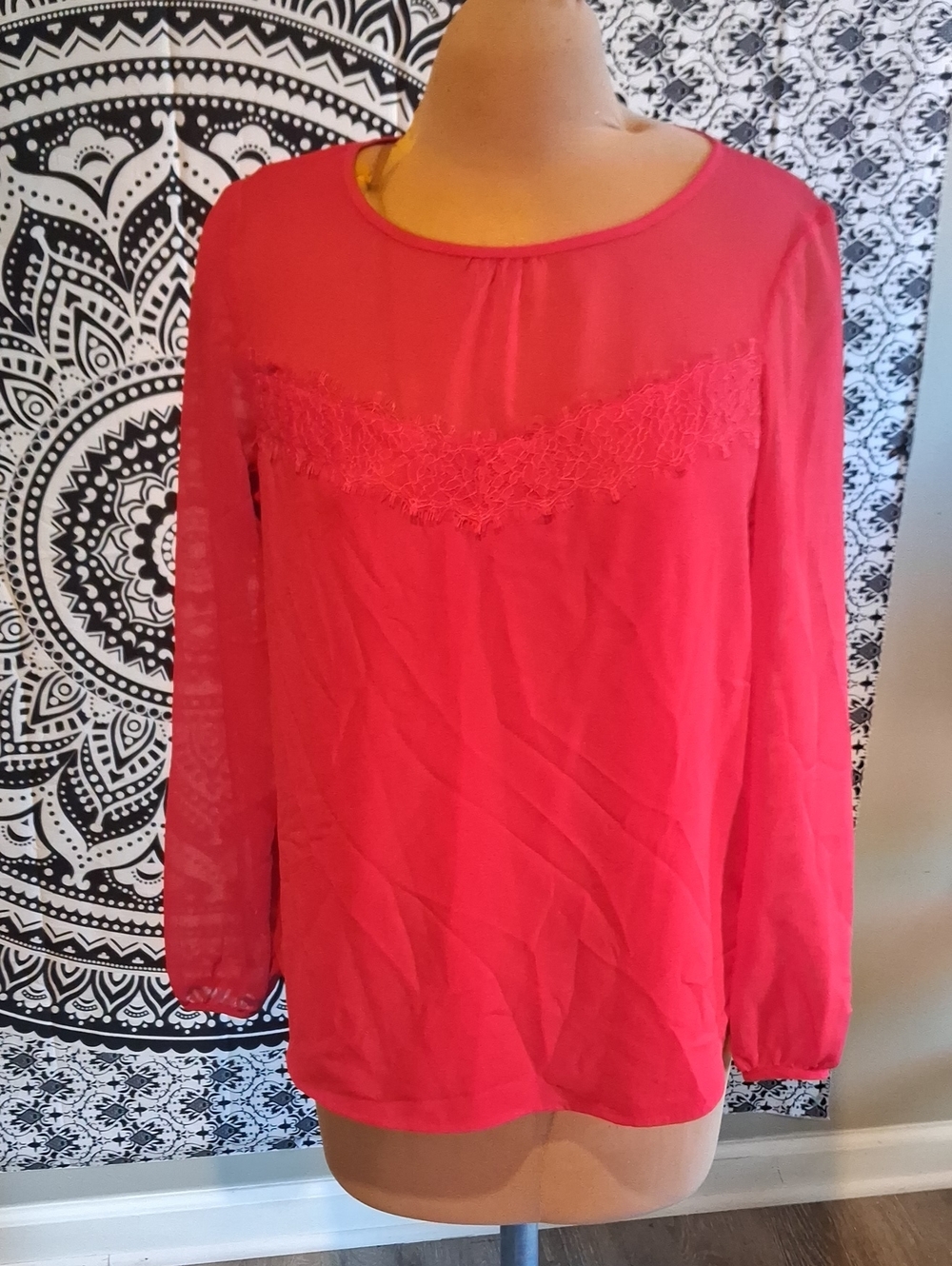 Apt. 9 Coral Pink Lace Yoke Long-Sleeve Blouse